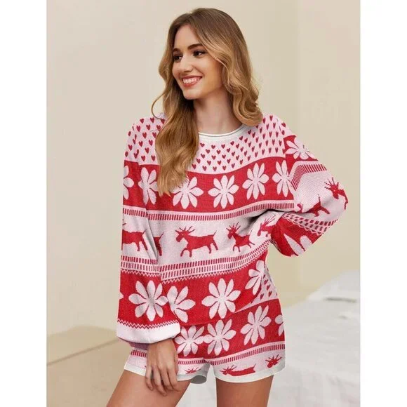 Women Red Rayon Long Sleeve Christmas Sweatsuit 2 Piece Outfits